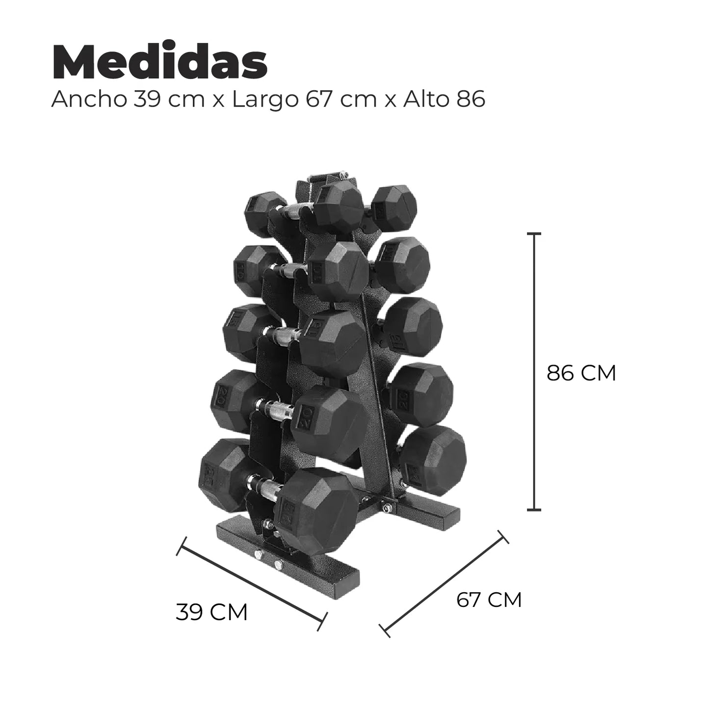 Set Mancuernas 75 Kilos Hexagonales + Rack Profesional