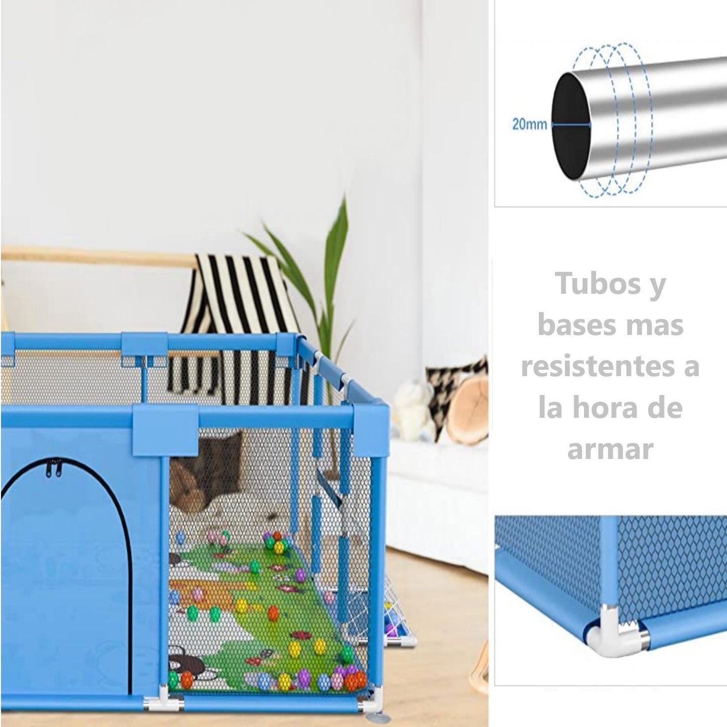 Corral Bebe 180 cm Azul con Aro Basketball y Arco Futbol Pelotas BPA Free Puerta Cierre 30 kg