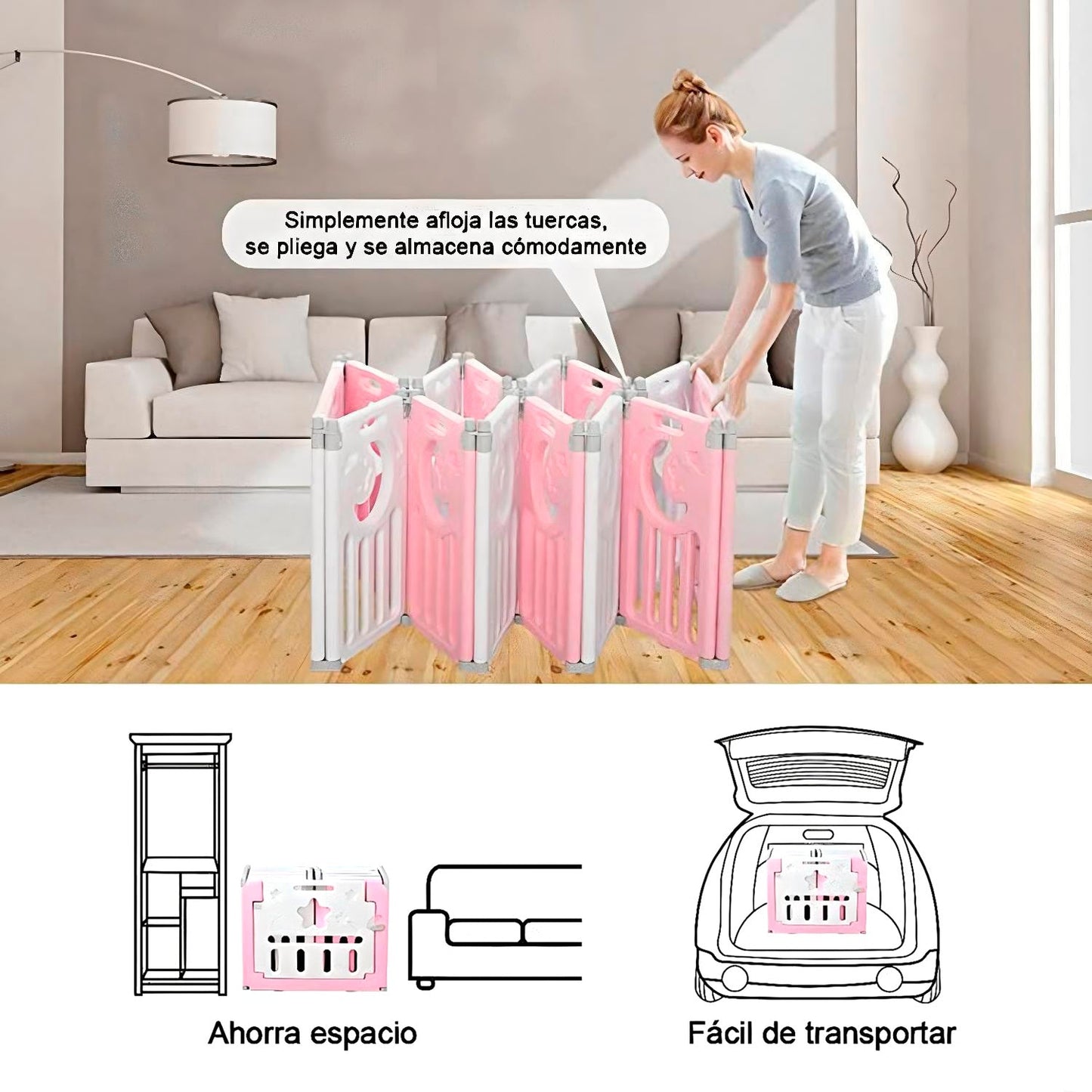 Corral Bebe Multiformas Plástico 8+2 Plegable Rosado