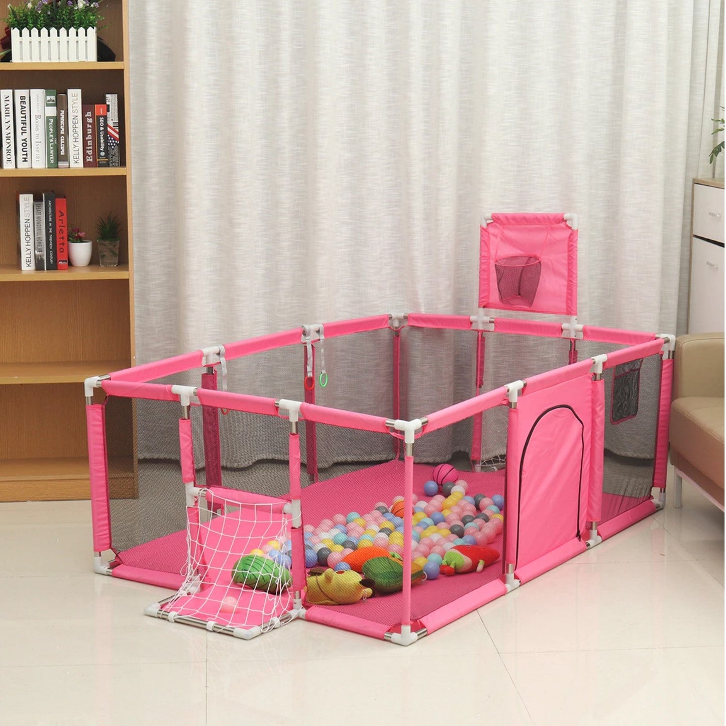 Corral Seguridad Bebes Con Aro De Basket + Pelotitas, 180cm Rosado