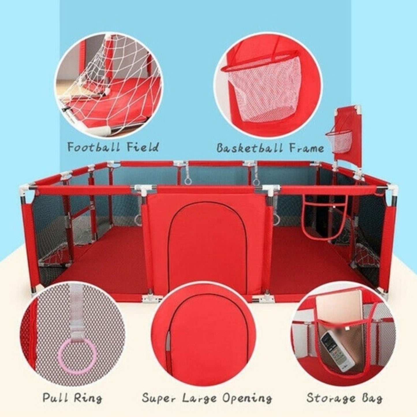 Corral Seguridad Bebes Con Aro De Basket + Pelotas de regalo, 180cm Rojo