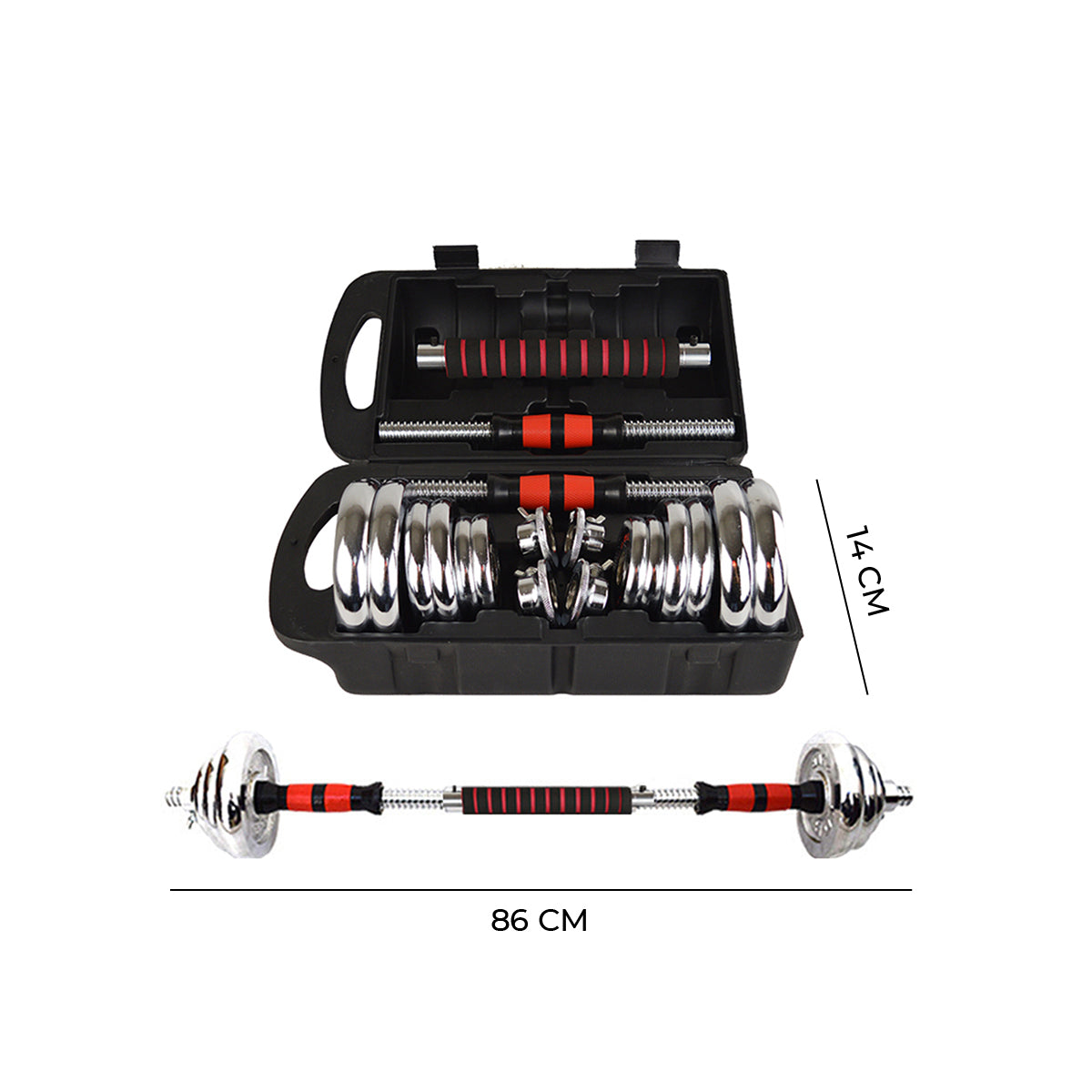 Juego de Mancuernas 15 Kg Acero Cromadas + Barra y Maletín