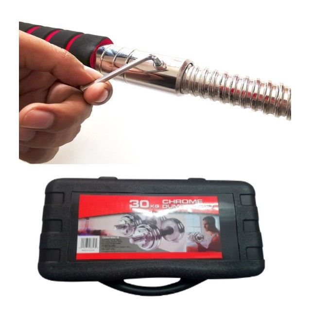 Juego de Mancuernas 30 Kg Acero Cromadas con Barra y Maletín