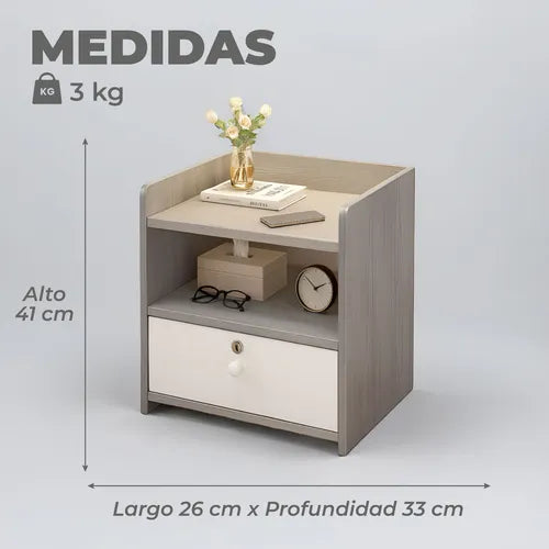 Velador Grey 2 Niveles 1 Cajón Con Llave 41x33x26 Cm