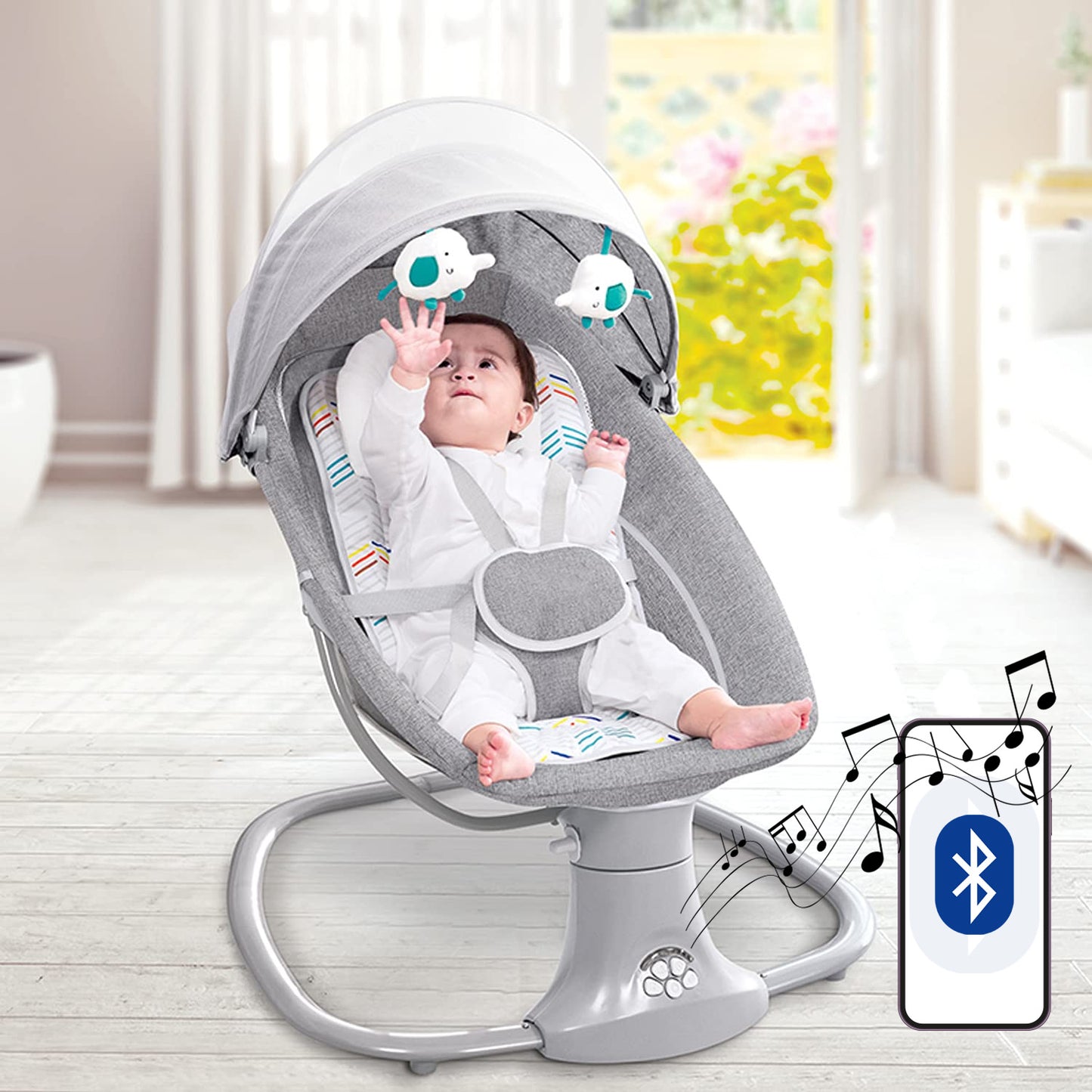 Silla Mecedora/ Columpio Bebe Inteligente Con Bluetooth Color Gris Liso