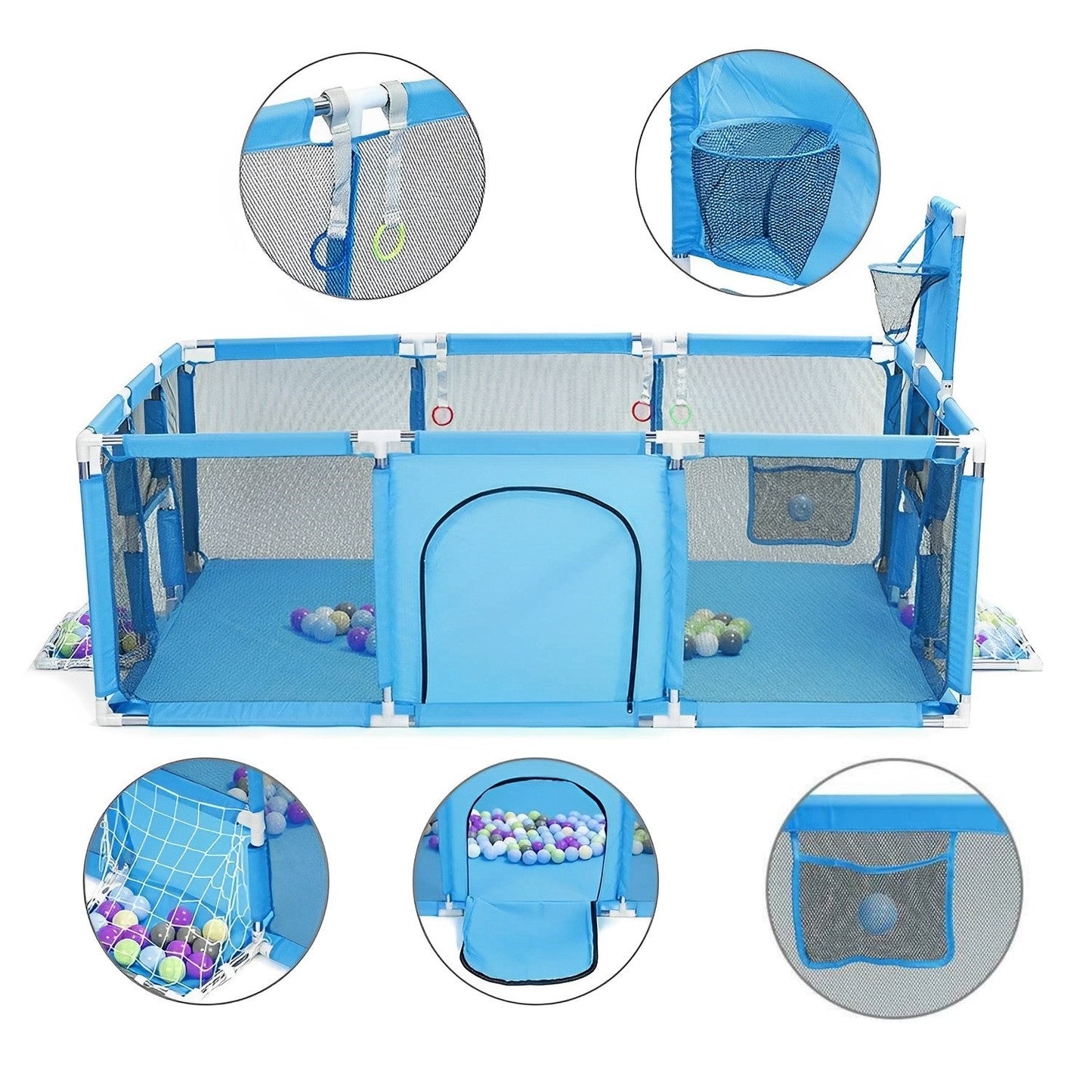 Corral Seguridad Bebes Con Aro De Basket  y arco de futbol + Pelotas 180cm Azul