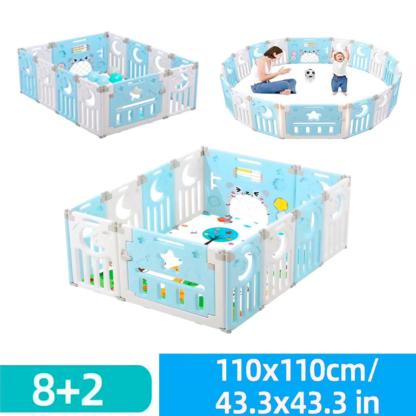Corral Bebe Modular 8+2 Paneles Celeste Plastico BPA Free Puerta Cierre Lavable