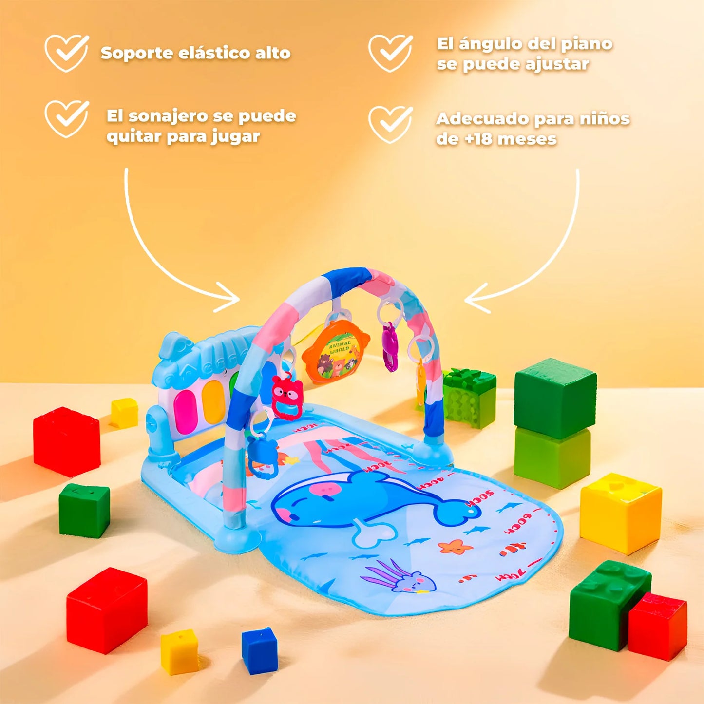 Gimnasio Alfombra Bebe Piano 3 en 1 Fluffy Whale Celeste
