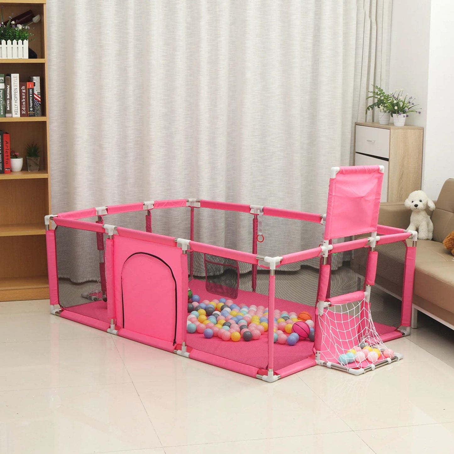 Corral Seguridad Bebes Con Aro De Basket  + Pelotitas, 180cm Rosado