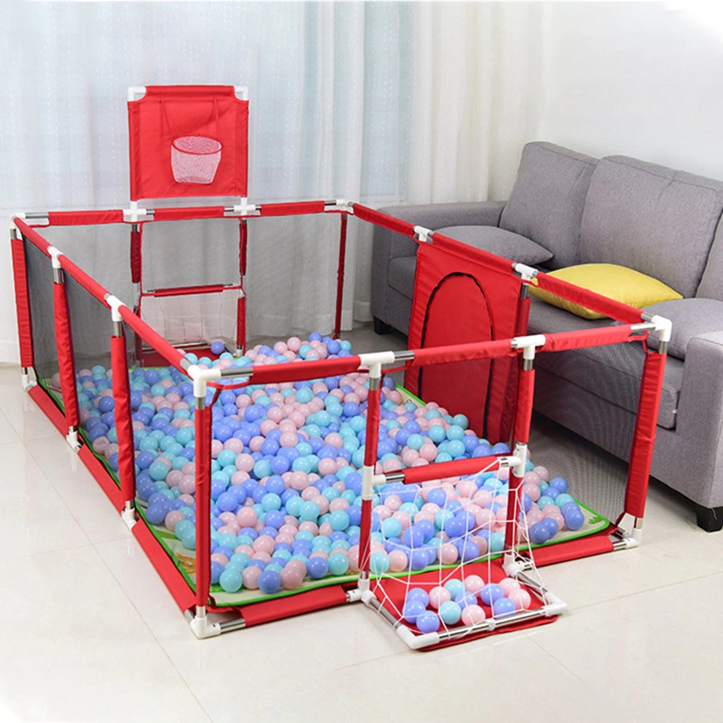 Corral Seguridad Bebes Con Aro De Basket + Pelotas de regalo, 180cm Rojo