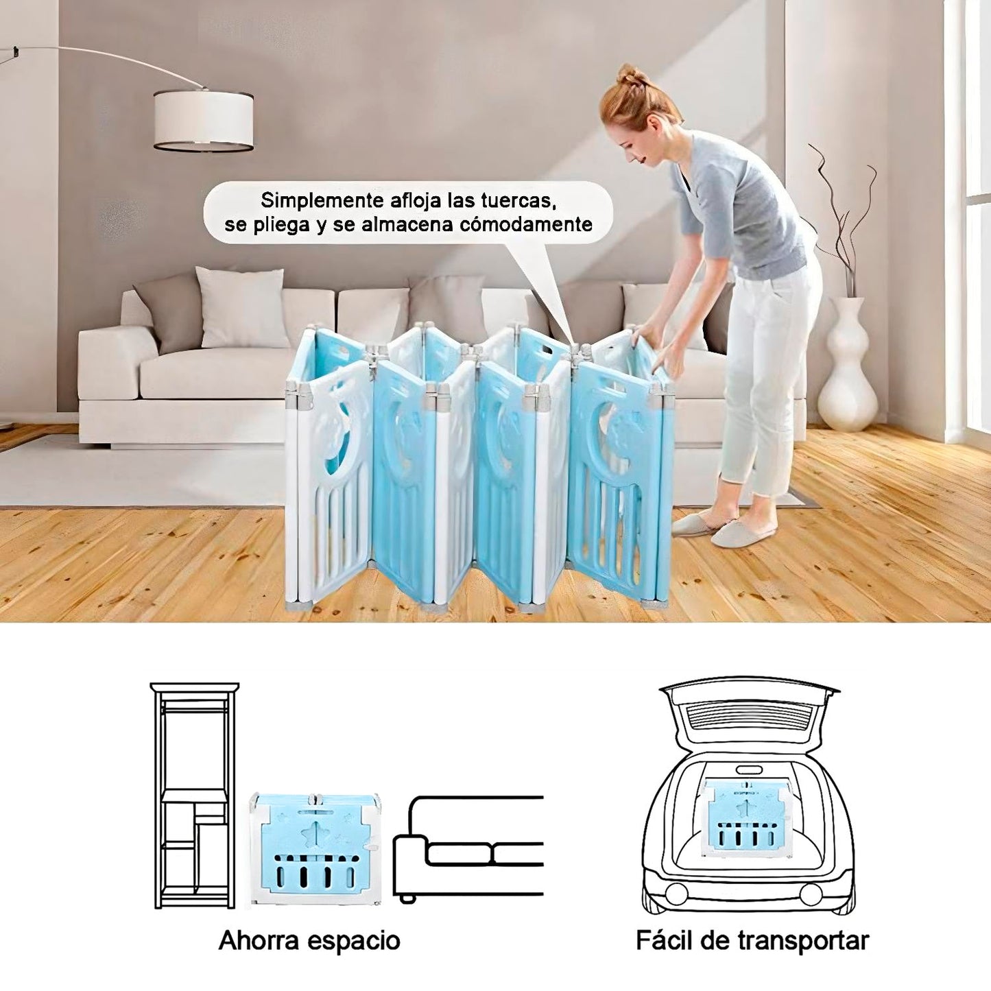 Corral Bebe Modular 8+2 Paneles Celeste Plastico BPA Free Puerta Cierre Lavable