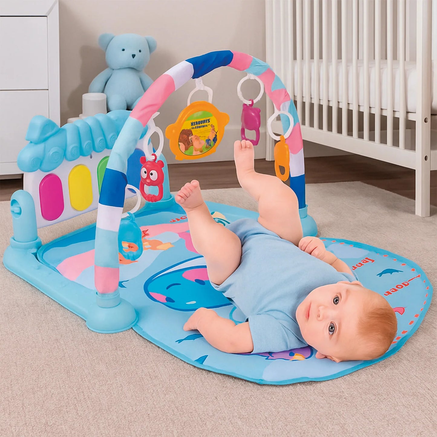 Gimnasio Alfombra Bebe Piano 3 en 1 Fluffy Whale Celeste