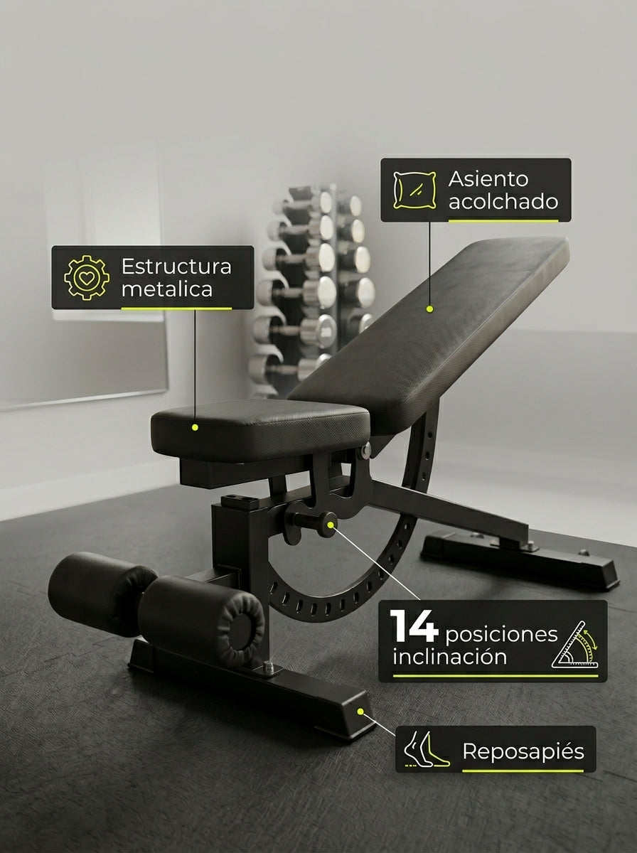 Banco de Pesas Multifuncional Ajustable 14 Posiciones para Press Banca, Abdominales y Mancuernas