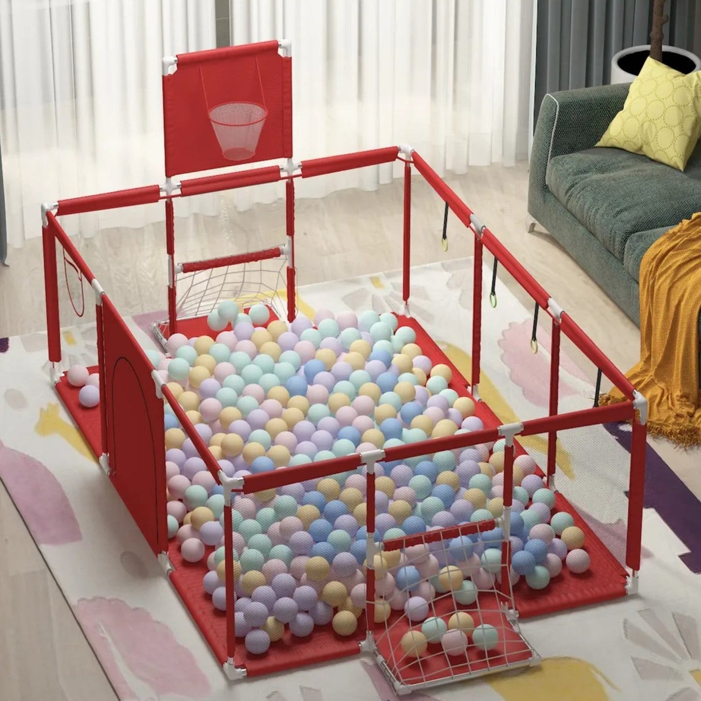 Corral Seguridad Bebes Con Aro De Basket + Pelotas de regalo, 180cm Rojo