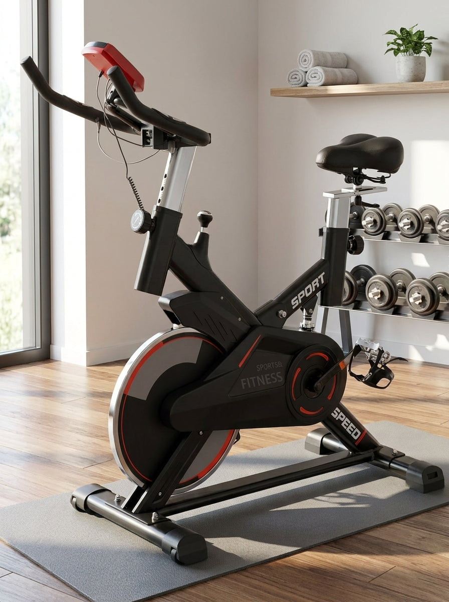 Bicicleta Spinning Profesional Q4 con Monitor Digital Silenciosa Manubrio Ergonomico Ruedas