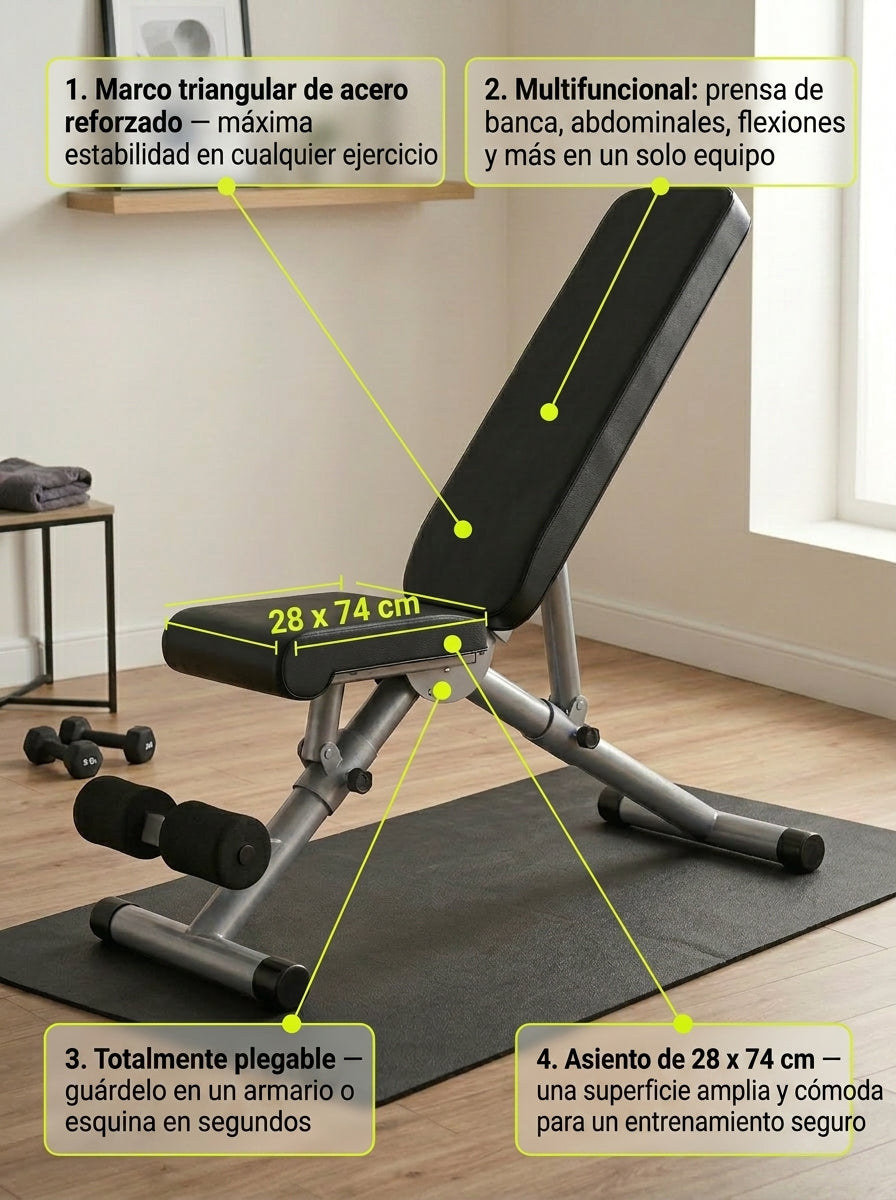 Banco Abdominales Multiposicion 5 Ajustes Rodillos Dobles Acolchado 150 kg Acero