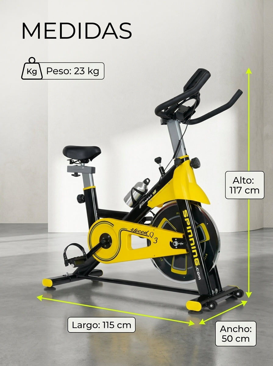 Bicicleta Spinning Profesional Q3 Pro 6 kg Monitor LCD Freno Emergencia Pedales Antideslizantes
