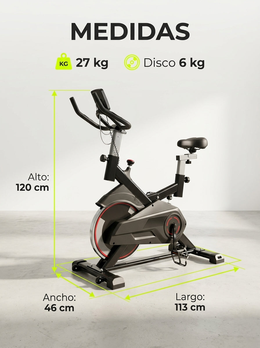 Bicicleta Spinning Profesional Q4 con Monitor Digital Silenciosa Manubrio Ergonomico Ruedas