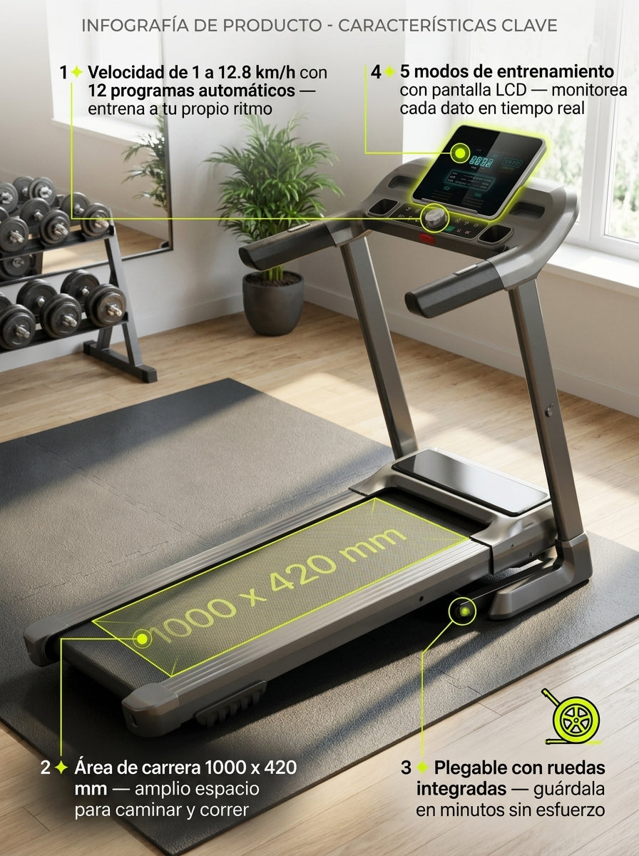 Trotadora Electrica M7 Pro Plegable 12.8 km/h 12 Programas LCD 100 kg Ruedas Transporte