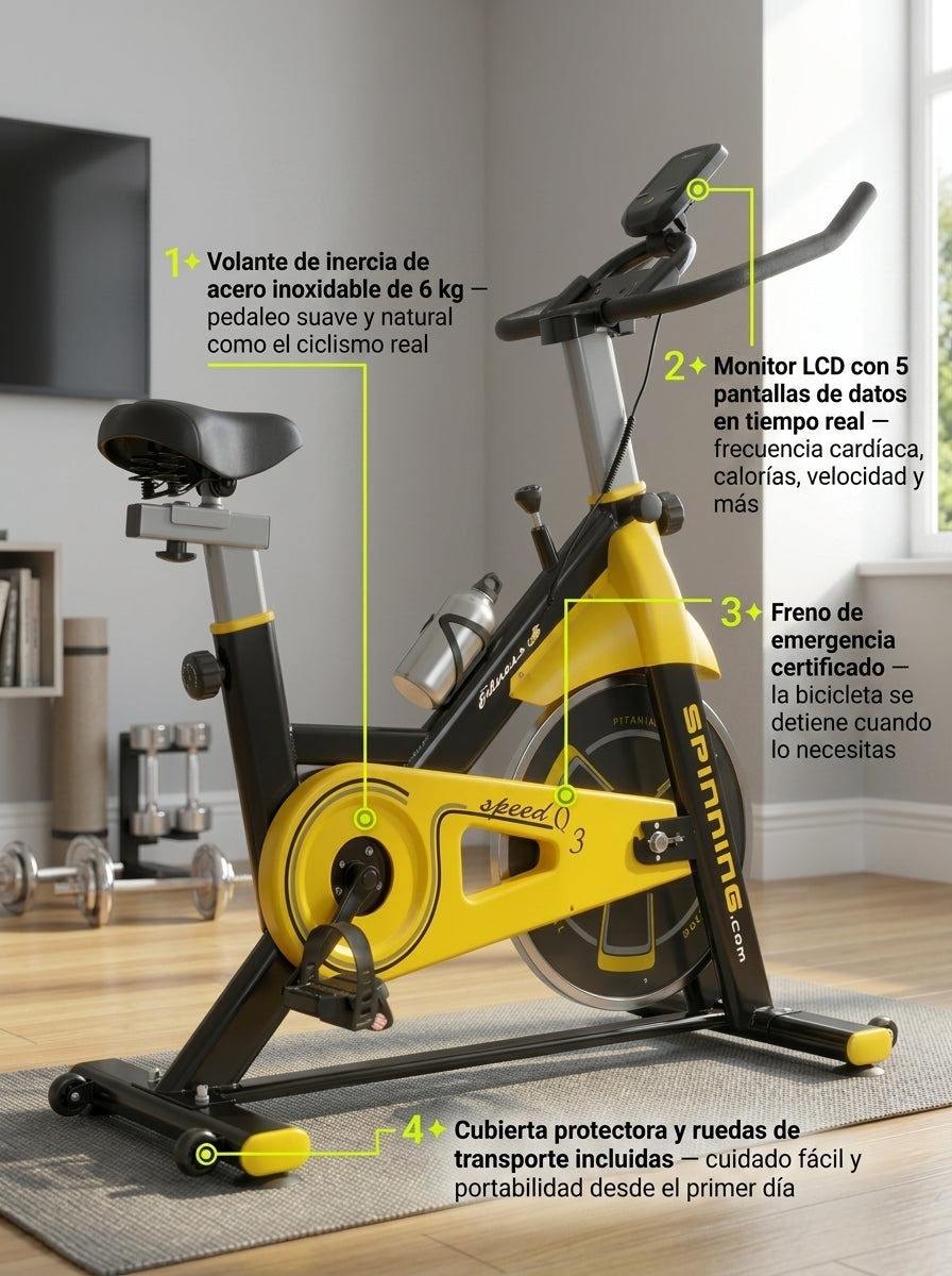 Bicicleta Spinning Profesional Q3 Pro 6 kg Monitor LCD Freno Emergencia Pedales Antideslizantes