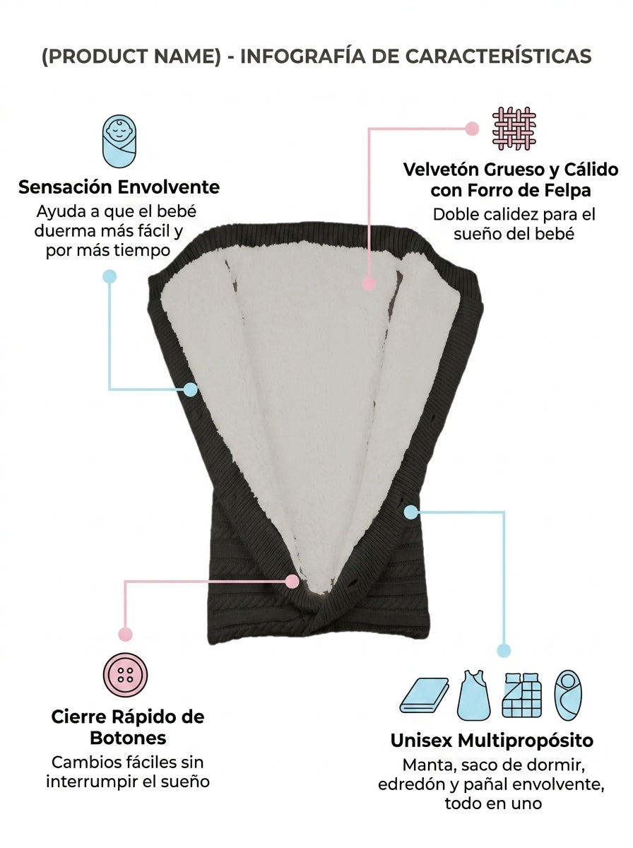 Saco Dormir Manta Bebe Recien Nacido Ultrasuave Negro Terciopelo Chiporro Cierre Botones Multiuso