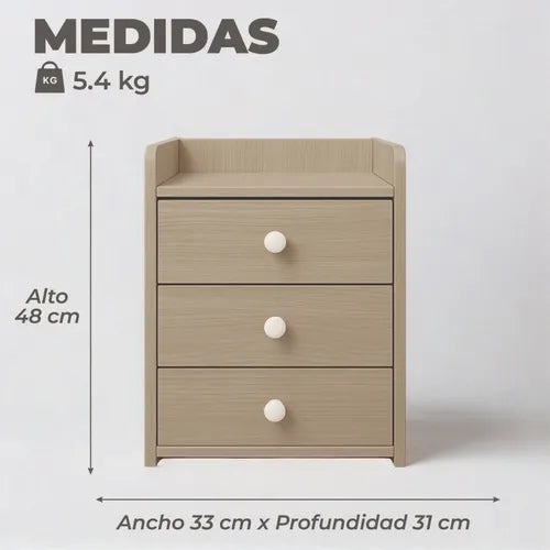 Velador Cajonera Mesa De Noche 3 Niveles Beige 48x33x31 Cm