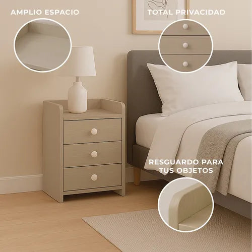 Velador Cajonera Mesa De Noche 3 Niveles Beige 48x33x31 Cm