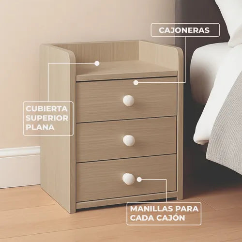 Velador Cajonera Mesa De Noche 3 Niveles Beige 48x33x31 Cm