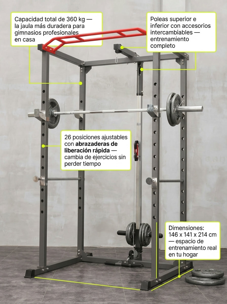 Power Rack Jaula Multifuncional R300 con Polea Superior e Inferior 360 kg 26 Posiciones