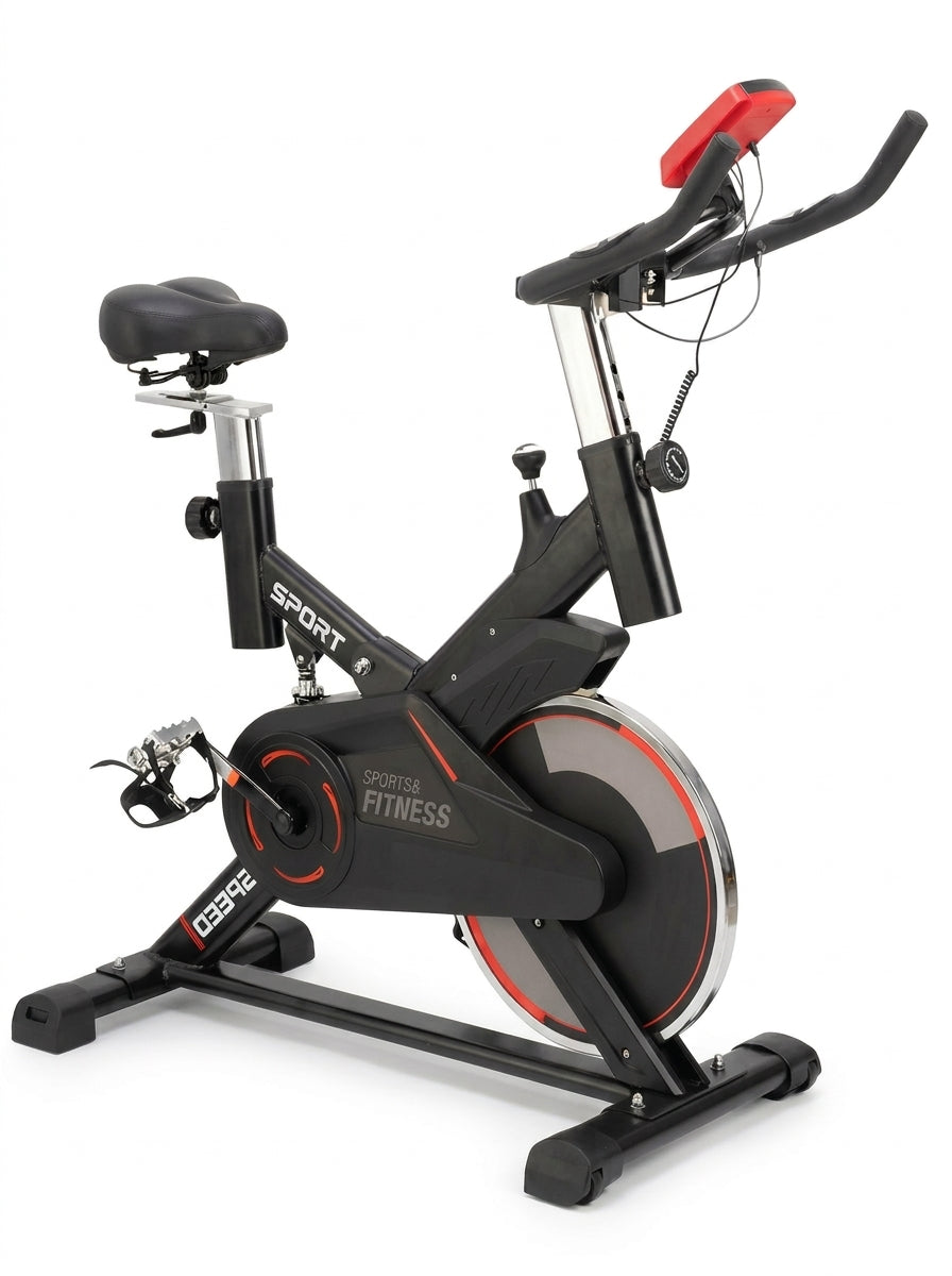 Bicicleta Spinning Profesional Q4 con Monitor Digital Silenciosa Manubrio Ergonomico Ruedas