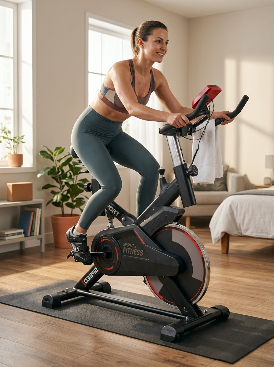 Bicicleta Spinning Profesional Q4 con Monitor Digital Silenciosa Manubrio Ergonomico Ruedas