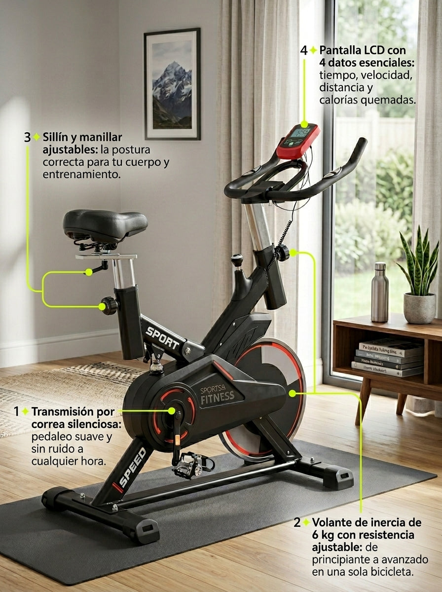 Bicicleta Spinning Profesional Q4 con Monitor Digital Silenciosa Manubrio Ergonomico Ruedas