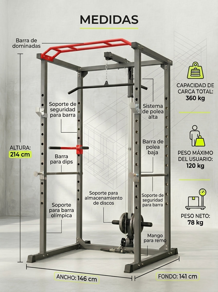 Power Rack Jaula Multifuncional R300 con Polea Superior e Inferior 360 kg 26 Posiciones