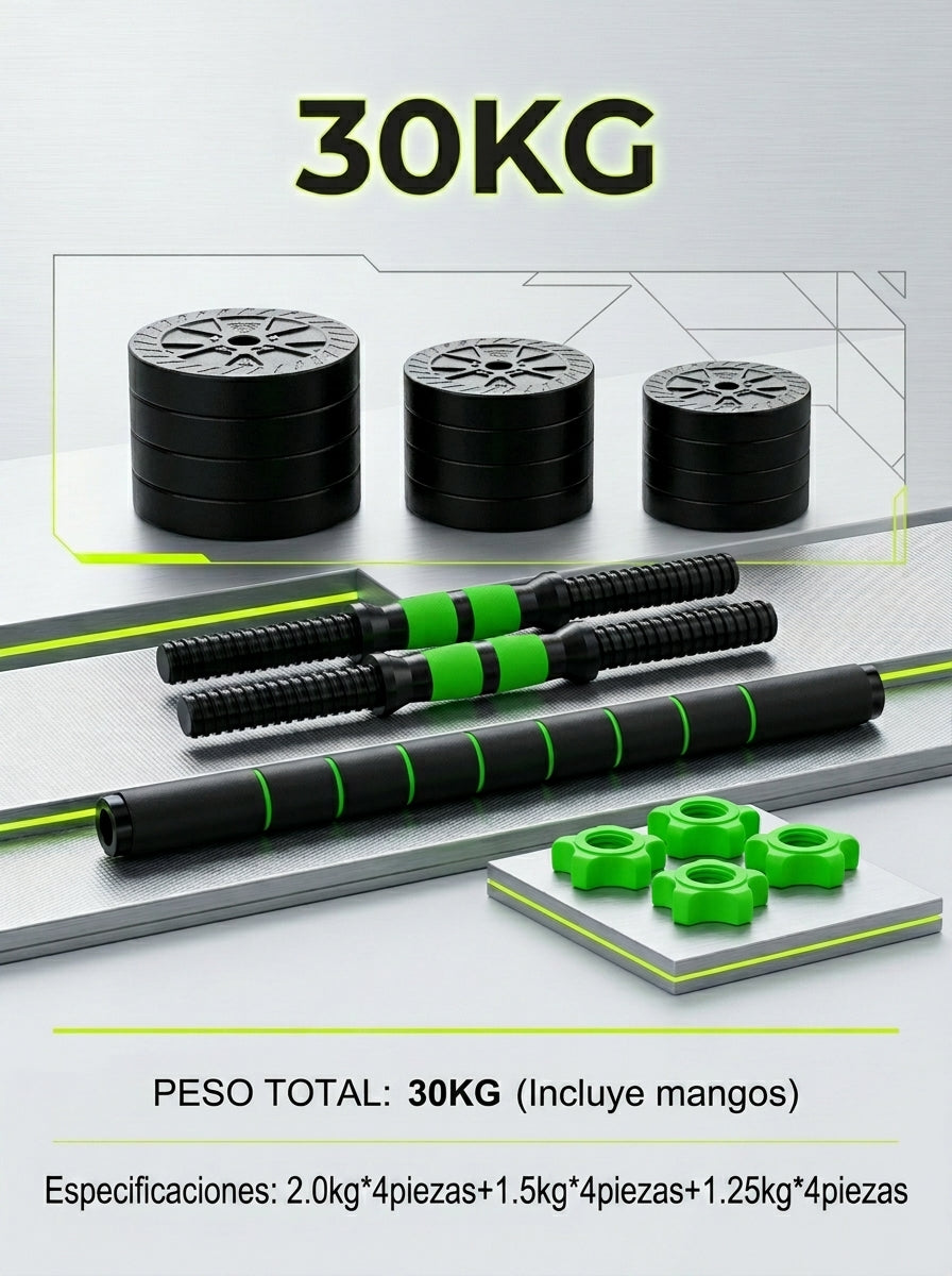Set Mancuernas 30 kg Ajustable Light Green con Barra Union Discos Hierro Esponja 20 mm